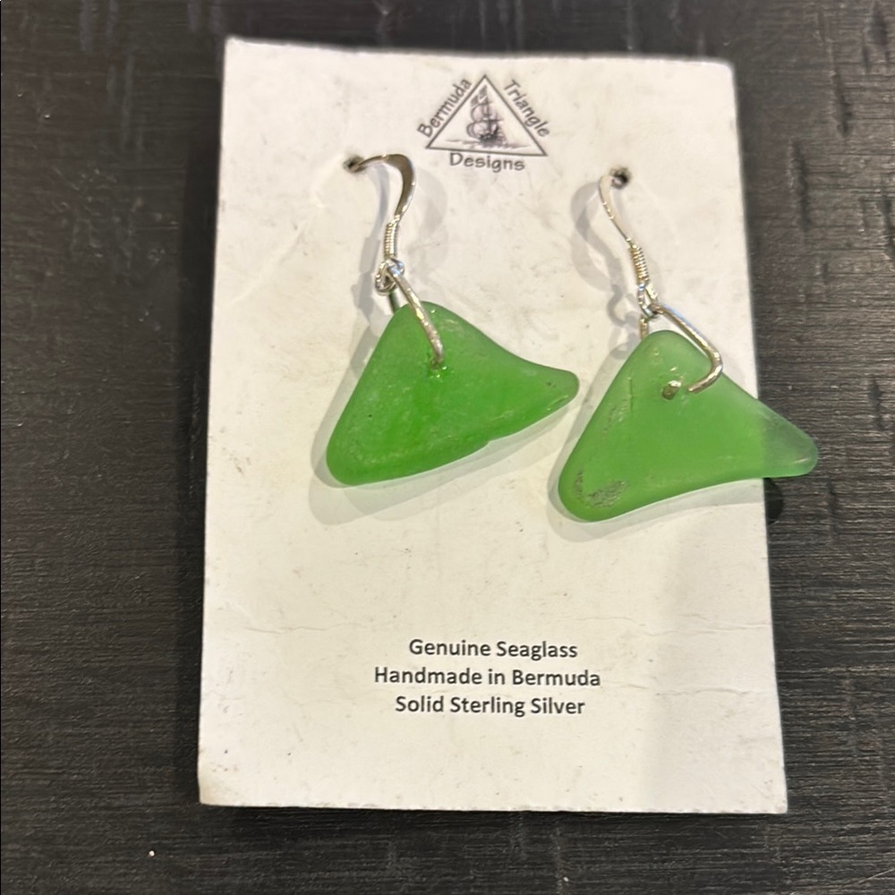 Bermuda Triangle Sterling Silver Designs Green Seaglass Dangle Earrings​